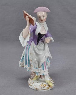 Antique Meissen Gallant Orchestra Singer Figurine: Nice antique mid 19th century German hand painted porcelain figurine of a female singer from the Gallant Orchestra. Marked on the bottom with a hand painted blue crossed swords mark used by Meissen.Ha