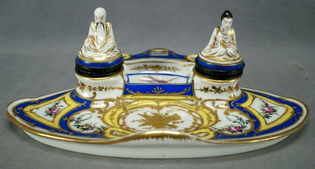Sevres Style Cobalt Chinoiserie Figural Inkwell (1 of 11)