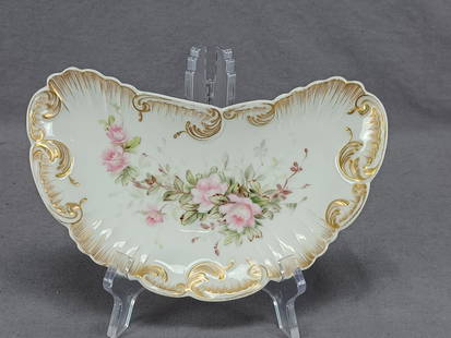 Limoges Hand Painted Pink Rose Large Bone Dish: Nice antique French porcelain crescent salad or "bone dish" with relief molded and heavy gilt highlighted scrollwork edge. Decorated with hand painted pink roses in the center. Marked on the reverse F