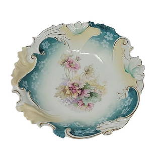 RS Prussia Mold 402 10 1/4" Bowl With Pink Flowers: Unmarked RS Prussia bowl form 402. Pink flowers with teal and yellow. Measures approximately 10 1/2 inches across and 3 inches tall. No chips, cracks, or scratches. We can offer packaging and shipping