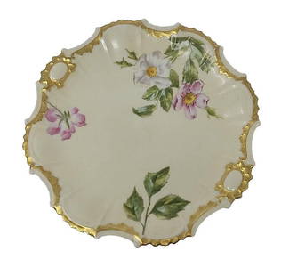 Limoges France Blush Ivory & Gold 9 1/2" Plate: Tressemann & Vogt Limoges Coiffe blank plate. Circa 1891 to 1914. Blush ivory with wild roses and heavy gold border. Measures approximately 9 1/2 inches diameter. No chips or cracks or visible scratch