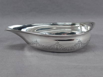 London Bright-Cut Sterling Silver Pap Boat C.1796: Antique 18th century British sterling silver pap boat with bright-cut engraved floral garlands and a medallion on the back. Hallmarks for Allen Dominy, London, lion for sterling, and date mark for 179