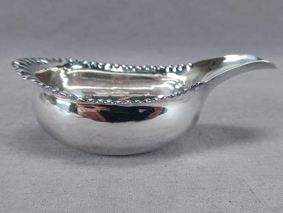 TS London Sterling Silver Pap Boat Circa 1774: Antique 18th century Georgian period British sterling silver pap boat. Engraved scripted AC monogram to the back. Has a tooled beaded edge. Has hallmarks for London, sterling, and date mark for 1774.
