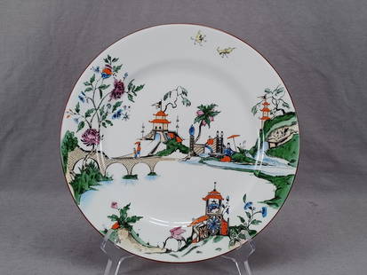 Royal Worcester Asian Scene 10 1/4 Inch Plate 1921: Nice vintage English bone china plate. Decorated with a hand colored Asian scene with figures, birds, pagodas, a bridge, and flowers. Brown trim along the edge. British registry mark for 1913. Also
