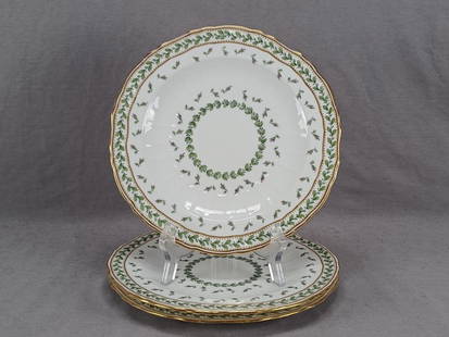 3 Minton Pink Floral & Gold 8 5/8 Inch Plates: Set of 3 British bone china plates. Decorated with pink floral buds, green leaf bands, gold bands, and gold beading. Marked on the reverse Mintons England in puce. One of the plates has an impressed