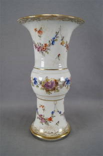 Antique Hand Painted Floral Chinese Gu Form Vase: Rare 19th century Chinese export Gu form porcelain vase. Hand painted with floral swags and bands in pink, red, blue, purple, and yellow. With gold scrollwork designs along the top and bottom of the