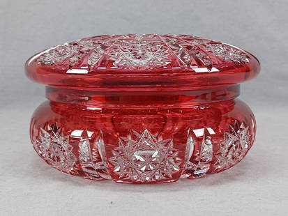 French Cranberry Cut to Clear Powder Jar Box: Antique early 20th century French blown cranberry cut to clear crystal powder jar / powder box. With cut hobstars, and lines. Unsigned.Has several chips to inner rim of the lid and a few small chips