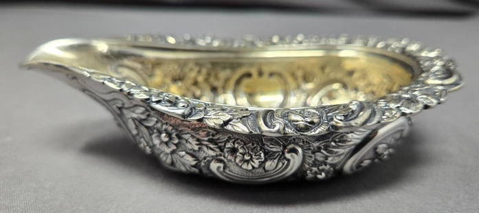 Georgian Repousse Sterling Silver Pap Boat 1821: Beautifully ornate sterling silver pap boat made by the partnership of Rebecca Emes and Edward Barnard I in 1821. Their mark is RE over EB and they operated between 1808 and 1827. It is marked Breadal