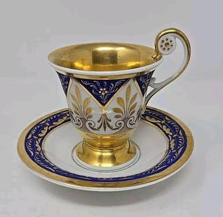 Antique KPM Berlin Cobalt Gold Coffee cup & saucer: Exceptional KPM neoclassical cobalt blue and gold cup & saucer, c. 1810. Very good condition without chips or cracks. There is some light loss to gold, mostly where cup sits in saucer. The saucer
