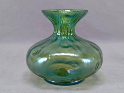 Loetz Crete Rusticana Art Nouveau 4 1/4 Inch Vase: Antique Bohemian Crete Rusticana iridescent Art Nouveau glass vase. Produced by Loetz. Circa 1899.Good condition.Measures approximately 4 1/2 inches wide x 4 1/4 inches tall.We can offer packaging and