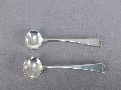 Pair of London Sterling Silver Salt Spoons C 1799: Pair of antique 18th century sterling silver salt spoons. Hallmarks for Richard Crossley, London, rampant lion, and date letter D for 1799.These have wear and tarnish and some small dents to the bowls