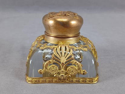 Antique French Empire Glass & Gilt Ormolu Inkwell: Nice antique mid 19th century French empire blown and cut glass inkwell mounted in a gilt brass ormolu stand with repousse Neoclassical lady on the lid and acanthus leaves and scrollwork over the glas