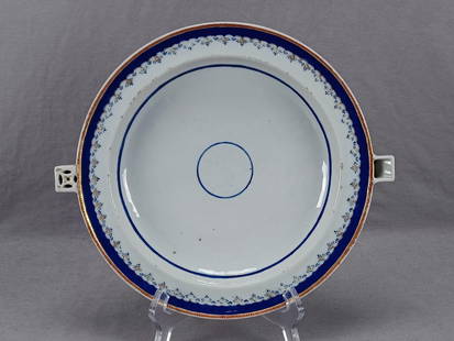 Chinese Cobalt & Gold Floral Warming Dish C 1800: Antique late 19th or early 20th century Chinese Export porcelain warming dish. With cobalt bands and gold and cobalt blue flowers. Gold gilding along the edge. Unmarked.Has some wear to the gilding an