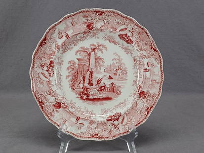 Adams Grecian Font #2 Transferware 9 1/2" Plate B: Nice pearlware plate in the Grecian Font pattern in red transfer by William Adams and Sons. Marked on the reverse Grecian Font WA & S. This mark was used by William Adams and Sons between 1819 and 186