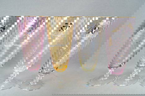 Set of 4 Italian Enameled Ladies Ale Glasses: Set of 4 vintage mid century Italian ale glass. Two of the glasses have pink bowls and two have yellow bowls, with clear twist stems. Gold gilding along the rim. One of the pink glasses is a bit darke