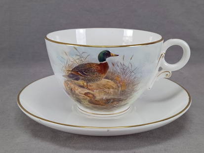 Royal Worcester Stinton Mallard Duck Cup & Saucer: Vintage British bone china oversized cup and saucer. The cup is decorated with hand painted mallard ducks and signed Jas Stinton for James Stinton. Marked on the bottom Bone China Royal Worcester