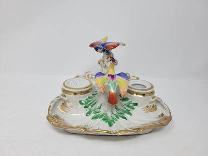 TPM Carl Tielsch Porcelain Inkwell 1850s: Hand painted desk inkwell and sander set. Decorated with birds. Removable inkwell and sander. Inkwell has no lid. Measures approximately 7 inches long, 5 inches wide, and 4 1/4 inches tall. There is a