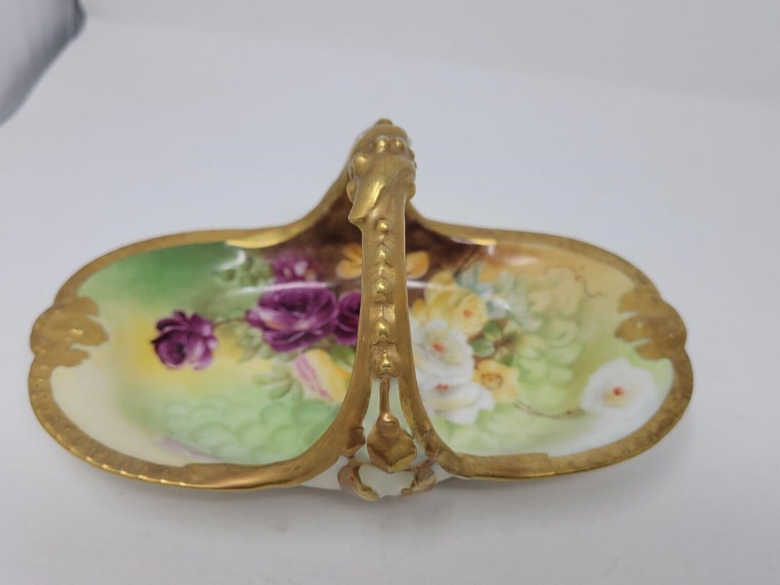 Porcelain Limoges Hand Painted Basket Roses & Gold (1 of 11)