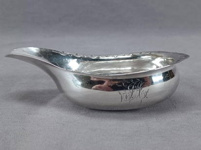 George Smith IV London Sterling Silver Pap Boat: Antique British sterling silver pap boat with engraved border. Engraved GA monogram on the side. Harllmarks for George Smith IV, London, sterling, and date mark for 1804.Has some wear and tarnish, and