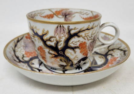 English New Hall Tea Cup & Saucer 18th Pattern 446: English New Hall Porcelain Tea Cup & Saucer in the Imari Vine Pattern (446). The cup is 2 7/8 inches tall and the saucer is 5 1/2 inches across. No chips but there is a star crack on the underside of