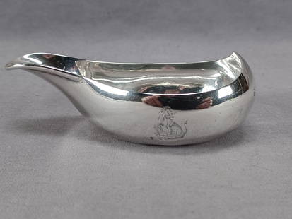 Aldridge & Green London Armorial Sterling Pap Boat: Antique 18th century British sterling silver pap boat. Engraved armorial lion and crown on the side. Hallmarks for Charles Aldridge & Henry Green, London, lion for sterling, and date mark for 1773.Has