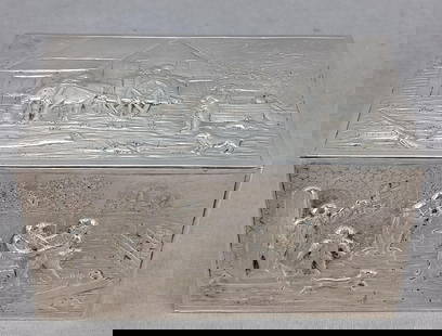 P. Oberlander German Hanau 800 Silver Repousse Box: Nice antique German Hanau 800 silver table or jewelry box. Repousse farm and tavern scenes on the sides and on the top of the lid. Hallmarks for 800 silver, Hanau, and P. Oberlander on the bottom. Cir