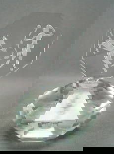 Art Deco Engraved Artemis Glass Perfume Bottle: Nice vintage Art Deco clear overall cut glass perfume bottle. With intaglio engraved depiction of a huntress with a bow and a deer with an arrow in it's back on the stopper. Unsigned. Circa 1930 to 19