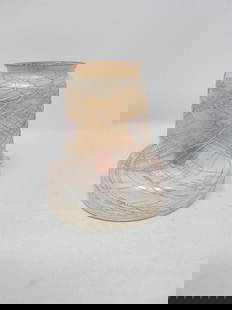 QUEZAL GOLD AURENE THREADED ART GLASS LAMP SHADE: Beautiful Quezal lamp glass shade. This has gold threading over irridesent hearts on a white peach background. The inside is a aurene irridesent color. The top fitting measures between 2 1/8 and 2 1/4