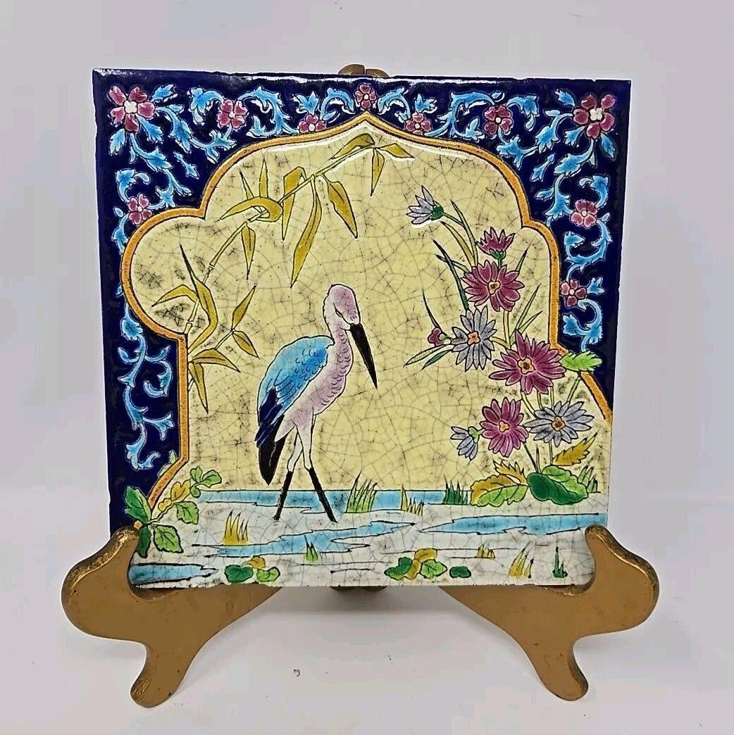 Wading Bird Faience GIEN Tile 8inch 19th Century: Beautiful antique Gien France wading bird earthenware tile. Measures 8 inch square. Cobalt blue with light blue and fuscia flowers on the border. Wading egret like bird on yellow with blue, green, and