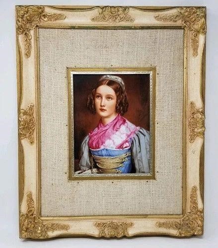 RPM Germany Porcelain Plaque Helene Sedlmayr: Beautiful porcelain plaque by RPM Germany. The plaque is of a famous painting of Helene Sedlmayr. She was the daughter of a toy maker that caught the eye of King Ludwig of Bavaria. He commissioned a p