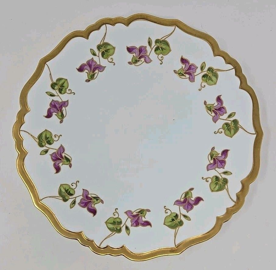 Blakeman & Henderson Limoges Violets Cake Plate: Blakeman & Henderson Limoges cake plate. Art Nouveau style with hand painted violets around the rim and a heavy gold band. Factory decorated. Measures approximately 12 inches diameter and 1 1/4 inches