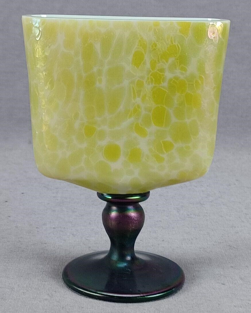 Czech Bohemian Papillon Cigarette Holder: Scarce antique or vintage Czech Bohemian glass card / cigarette holder. Yellow cased white Papillon over a purple and green iridescent "bronze" glass stem. Unsigned.Has a small chip and a few small fl