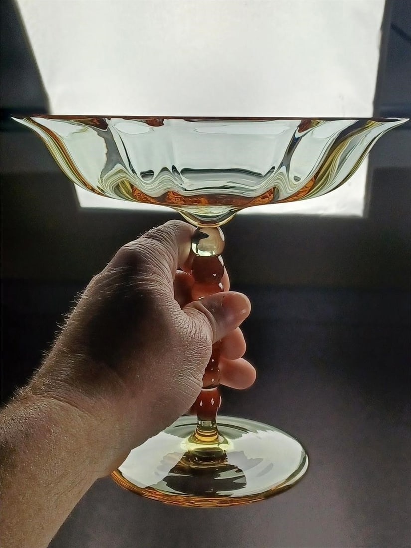 Signed Moser Heliolit Optic Molded 7 3/8" Compote - 8