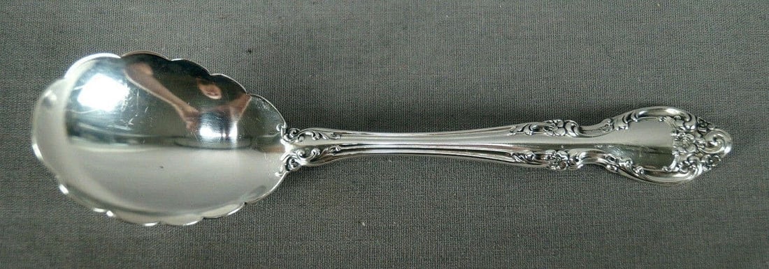Gorham Sterling Silver Melrose Pattern Sugar Spoon: Nice vintage sterling silver spoon in the Melrose pattern by Gorham. Marked with a lion passant, anchor, and G. Also marked Gorham Sterling and Melrose. The pattern was introduced in 1948 and disconti