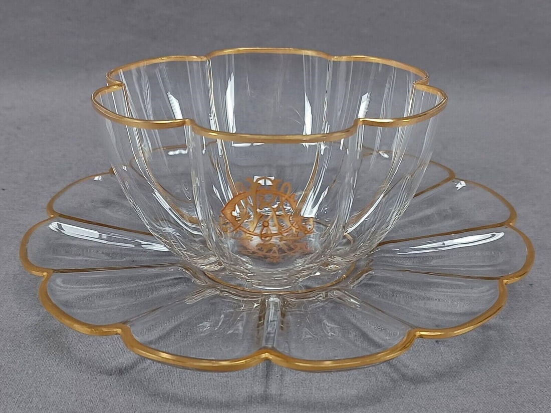 Moser Lobmeyr Bohemian Finger Bowl & Under Plate A: Nice antique hand blown Bohemian clear lobed glass finger bowl and under plate. Has an elaborate CMR monogram in gold and red. With gold gilding along the edge. Unsigned. This lobed form is typically