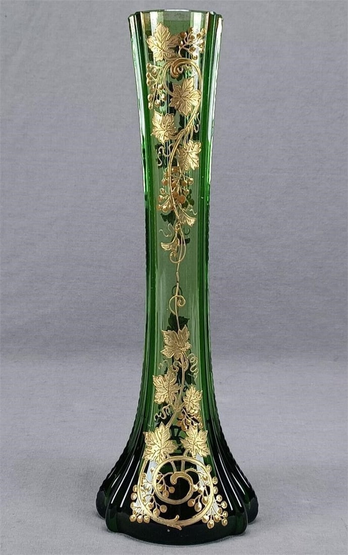 Moser Raised Gold Grapevine & Cut Green Glass Vase (1 of 10)