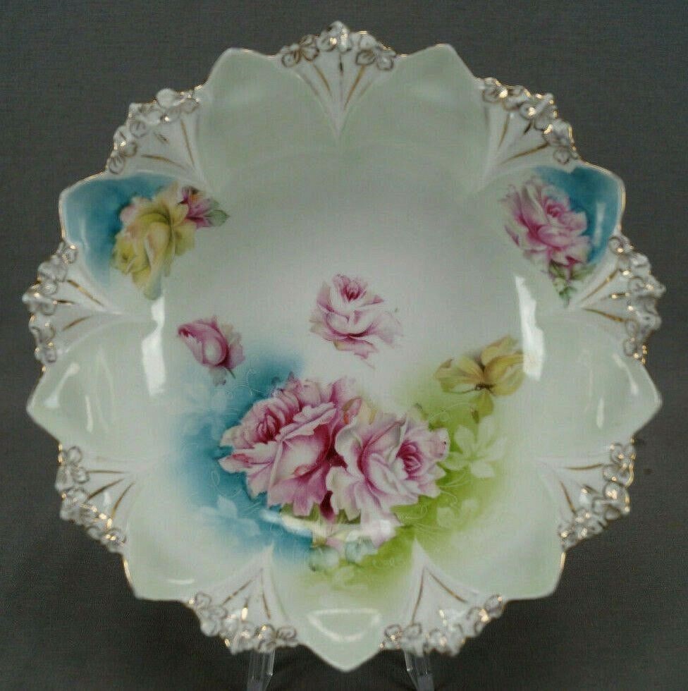 RS Prussia Pink Roses Turquoise 8 1/2" Bowl (1 of 8)