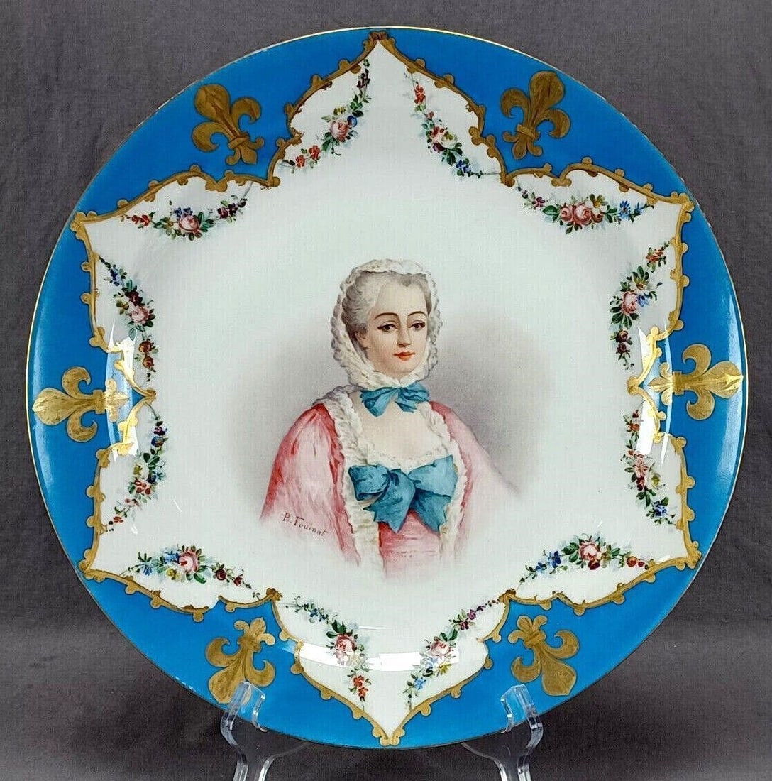 Sevres Style HP Madame Pompadour Portrait Charger: Nice late 19th century Sevres style porcelain charger. Decorated with a hand painted portrait of Madame Pompadour over a white background. Framed by a celeste blue border with gold fleur de lys and sc