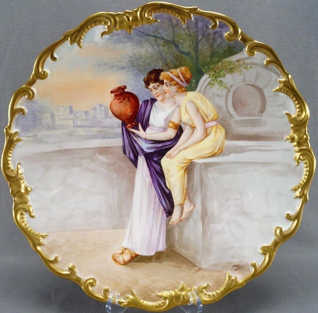 Limoges Hand Painted Dubois 13 1/2" Charger: Absolutely stunning large porcelain charger with fancy relief molded scrollwork edge. Nicely hand painted with a Classical scene of a Greek woman sitting on a stone monument and another Greek woman
