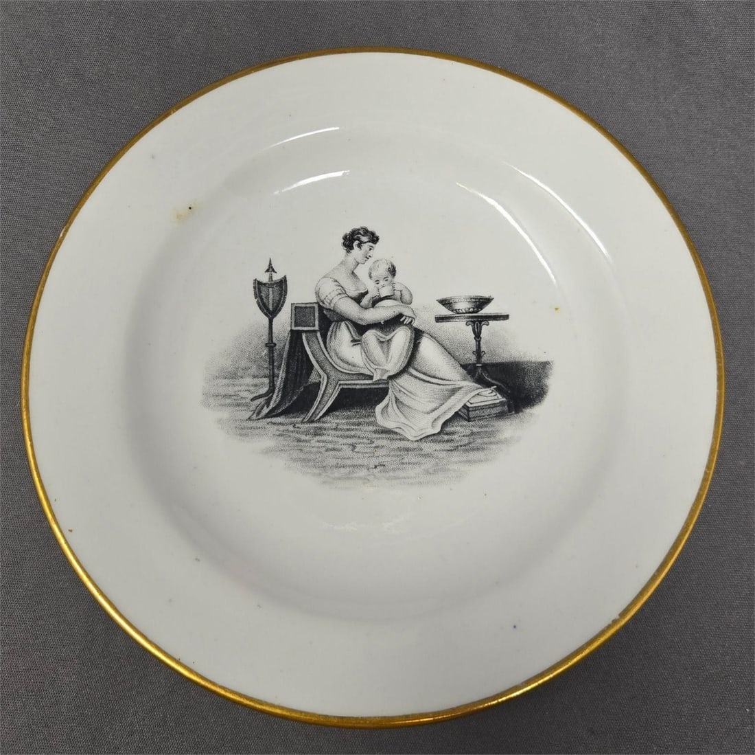New Hall Mother and Child Dessert Plate PTN 1525: Antique unmarked New Hall transfer dessert plate with a mother holding a child. Pattern 1525. This pattern features various scenes from the "Mother & Child" series. Very good condition without chips o