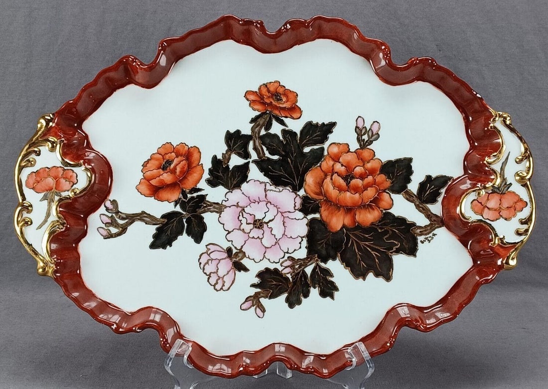 Hand Painted Betty Smith Poppies Dresser Tray: Nice vintage German or Austrian porcelain relief molded scrollwork dresser tray. Hand painted with hand painted red and pink poppies with black and gold leaves. Has a dark red border. The handles are