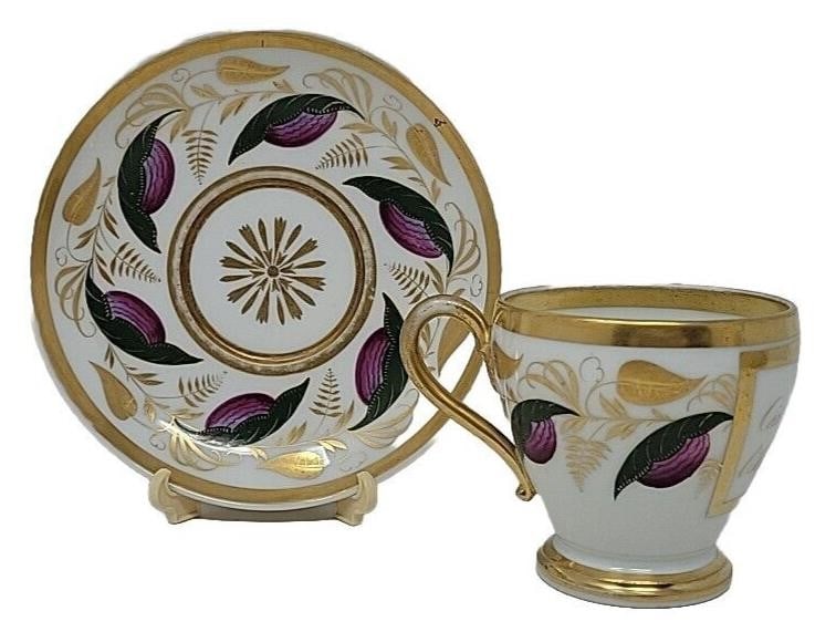 Locre La Courtille Purple Cup & Saucer 1773-1824: French tea cup and saucer with a French saying that translates to "This is nothing, but friendship is everything." Blue crossed arrow / Torch mark is used by Jean Baptiste. Very nice condition, some w