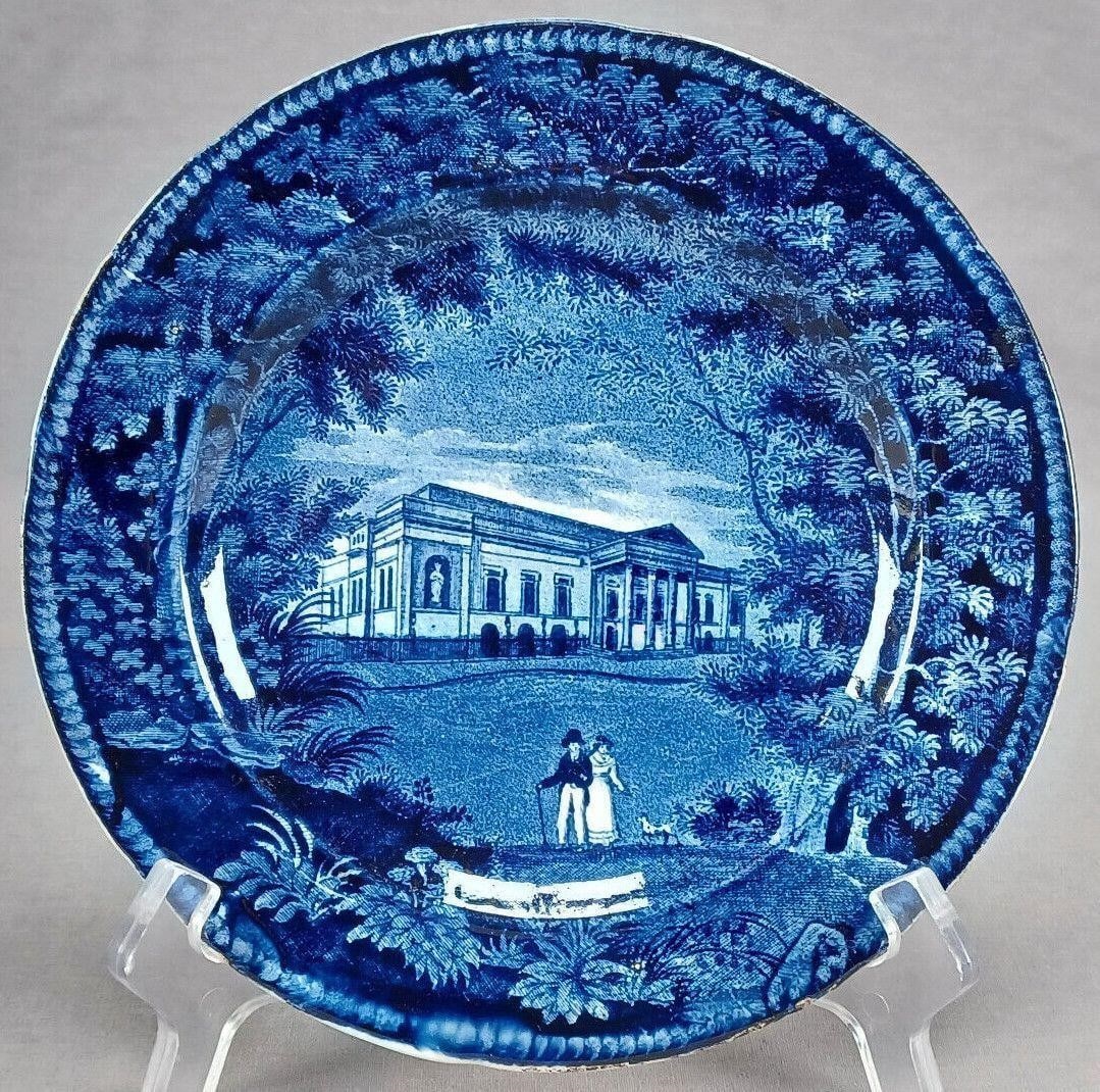 Covent Garden Theatre Transferware Plate: Nice antique British pearlware plate. Decorated in the Covent Garden Theatre, London pattern from the "Tams Foliage Border" series. Impressed S Tams & Co Warranted Staffordshire Semi China. Sampson Ta