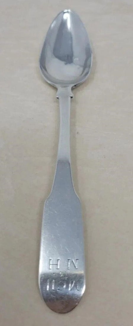 Coin Silver Teaspoon W. WALKER Philadelphia PA: William Walker coin silver spooned monogrammed MCW TO MH. measures approximately 5 3/4 inch long. Has dimples on the spoon bowl. Circa 1793 to 1816.We can offer packaging and shipping on this lot to a