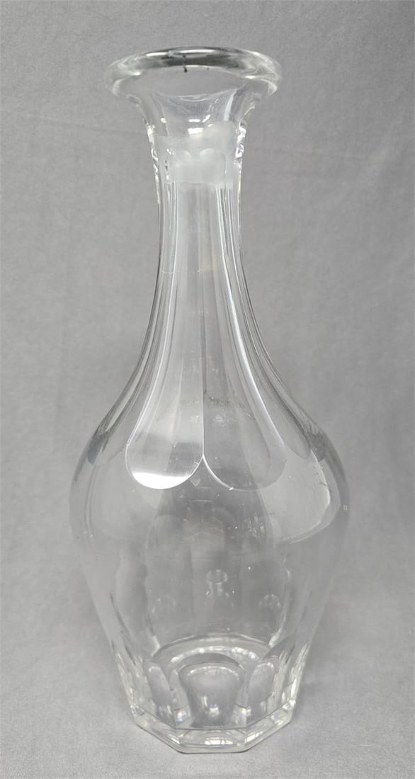 Pittsburgh Bar Back Bottle No stopper 1850s: Pittsburgh cut glass back bar bottle without stopper. Thumbprint panels on top and bottom with wide lip. Circa 1850s. Measures 10 inches tall and 4 1/2 inches wide in middle. Some scratches from use b