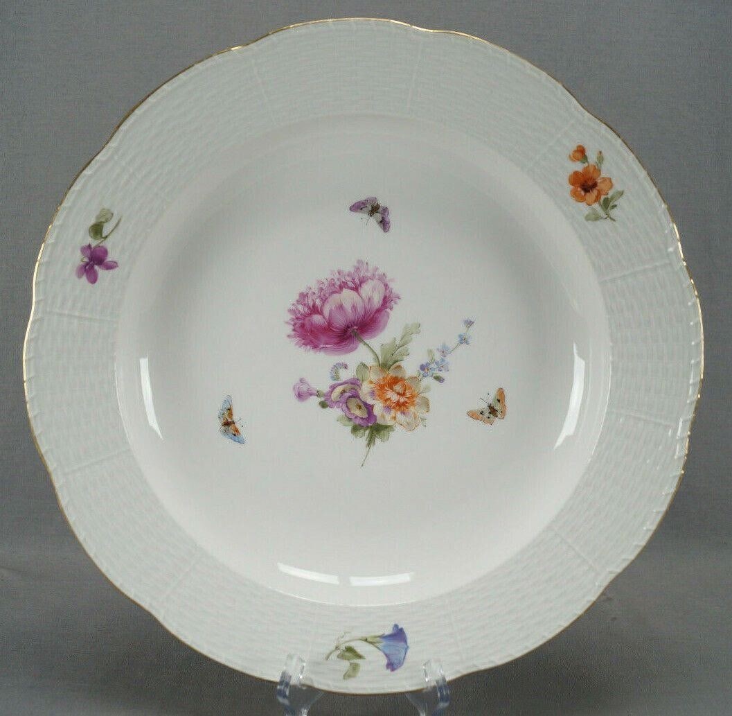 KPM Berlin HP Floral 13 3/4" Basketweave Charger: Very pretty porcelain charger in a basketweave mold. Decorated with hand painted flowers in orange, purple, whit, and blue. With three small butterflies. With gold gilding along the edge. Has an under