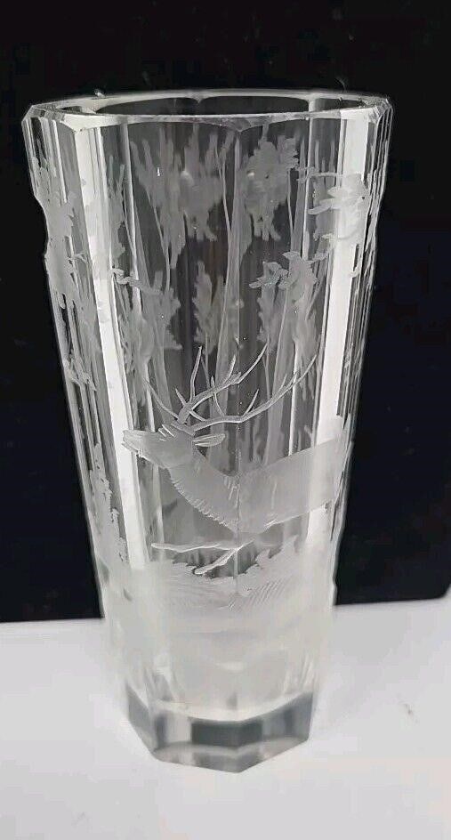 Antique Bohemian Engraved Woodland Stag Glass: Nice antique 19th century Bohemian clear-cut juice glass. With a heavily engraved woodland scene with a stag. Unsigned. Measures approximately 4 inches tall and 2 inch diameter. A few minor flake chip