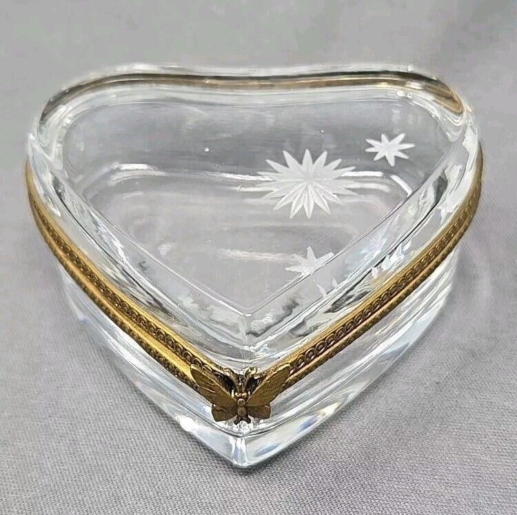 Antique French Heart Shaped Box Butterfly Hinge: Beautiful box Measures box, with a butterfly on hinge and three intaglio starbursts. Very good condition without chips or cracks. Only minor scratches on base. Thick glass on top, and bottom. Measures