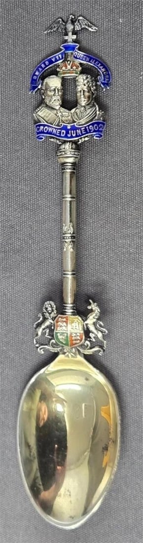 Edward VII Silver Coronation Spoon -Levi & Salaman: Sterling souvenir spoon for the coronation of King Edward VII in 1902. It is enameled and has a gold wash bowl. It was manufactured by Levi & Salaman of Birmingham. It measures 5 1/4 inches in length.