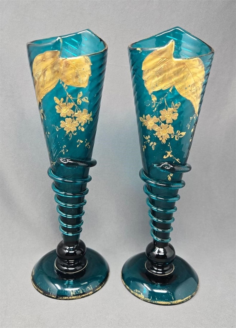 Pair Legras Mantel Vases Wraparound Snakes C. 1910: Pair Art Nouveau teal conical mantel vases attributed to Legras. Gold gilt enameled floral design with an applied snake wrapped around each. They measure approximately 11 1/2 inches tall and the